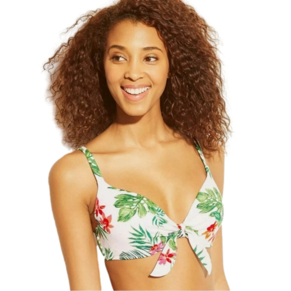 SHADE & Shore Bikini Top Swim Leaf Flower Print White Size 34B - Picture 1 of 9